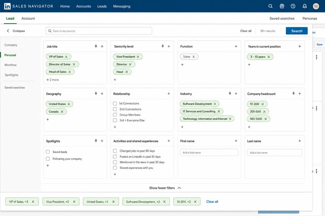 Sales Navigator search filters panel showing the expanded filter categories (Job Title, Geography, Company Headcount, Industry, Seniority Level, etc.) with example selections applied
