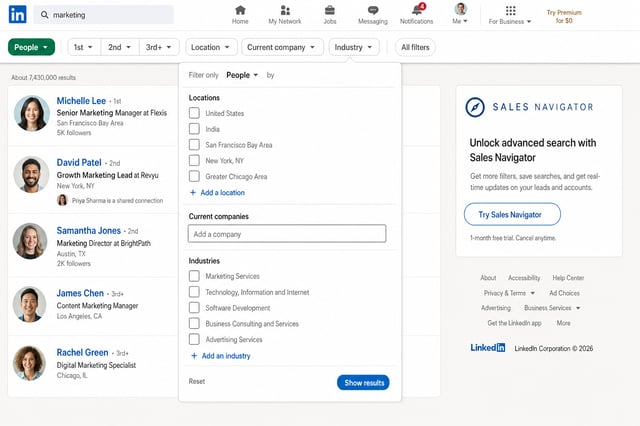LinkedIn free search interface showing the limited filter options available (Location, Current Company, Industry) compared to Sales Navigator's advanced filters