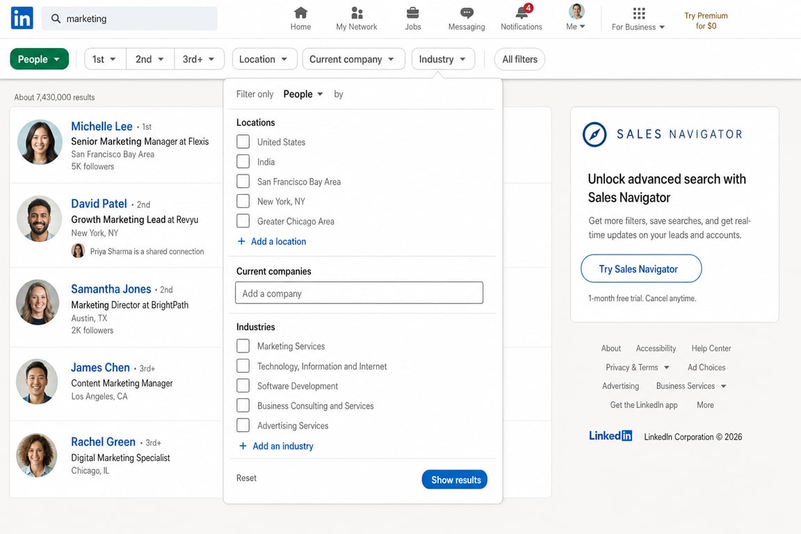 LinkedIn free search interface showing the limited filter options available (Location, Current Company, Industry) compared to Sales Navigator's advanced filters