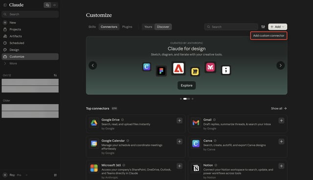 claude customize connectors page with the add custom connector option open