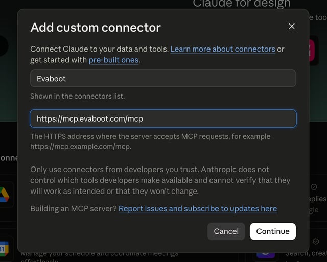 claude add custom connector form with the name evaboot and the url https://mcp.evaboot.com/mcp
