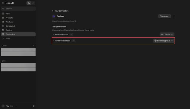 evaboot connector tool permissions in claude with write and delete tools set to needs approval