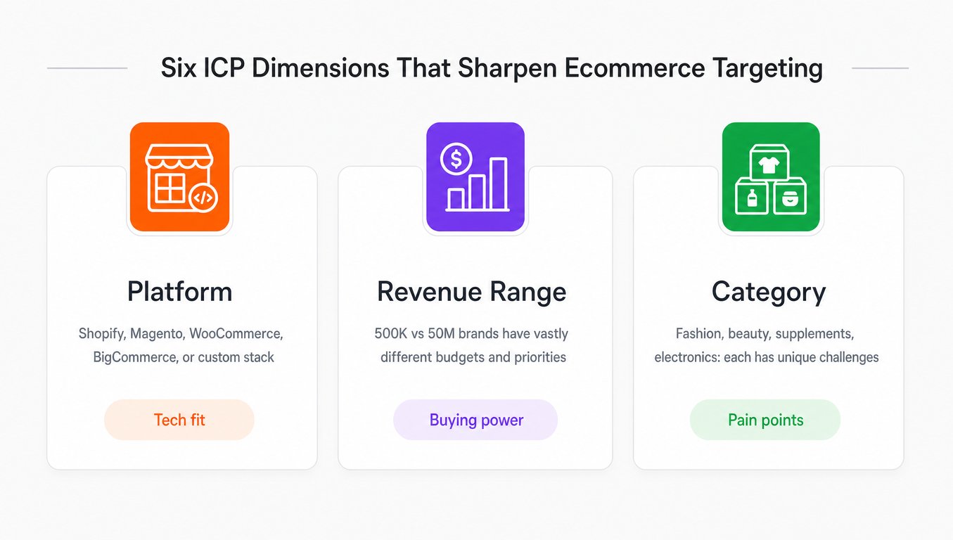 Four key ICP dimensions for ecommerce targeting: platform compatibility, revenue tier, product category, and business model