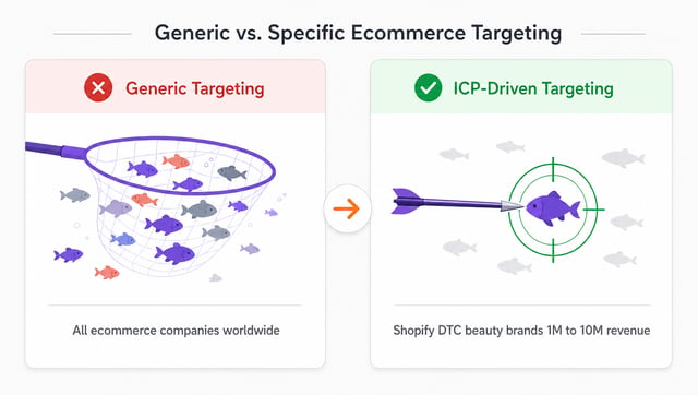 Comparison showing generic broad ecommerce targeting versus tightly defined ICP-based approach with specific criteria