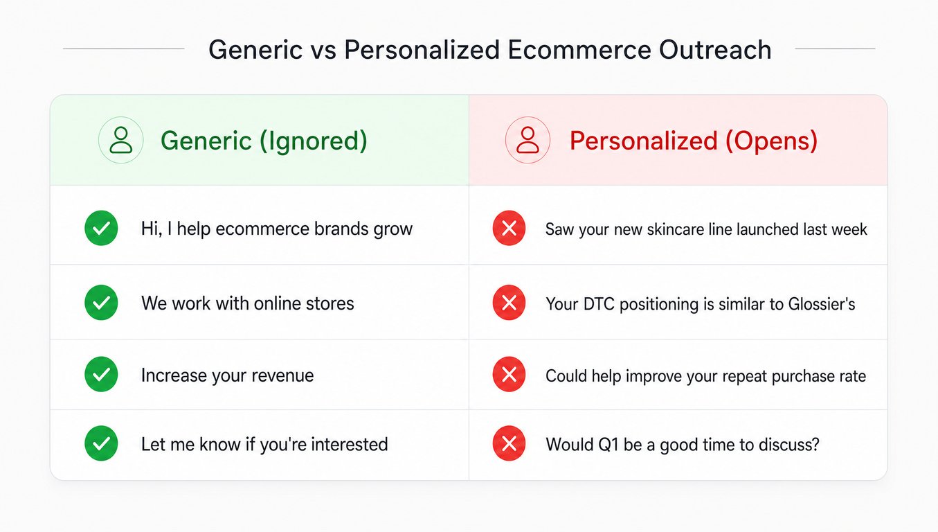 Table comparing generic ecommerce outreach templates with personalized examples that reference specific store details