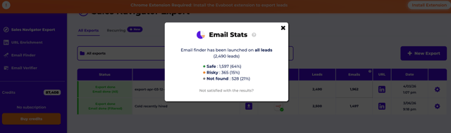 Evaboot verification panel showing email validation results with deliverability scores, catch-all detection, and verification status indicators for enriched contacts