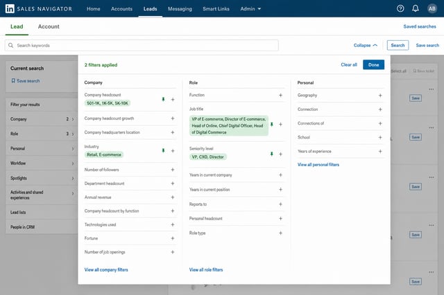 LinkedIn Sales Navigator search filters panel showing industry filter set to 'Retail' or 'E-commerce', company size filters, and job title filters configured for ecommerce decision-makers