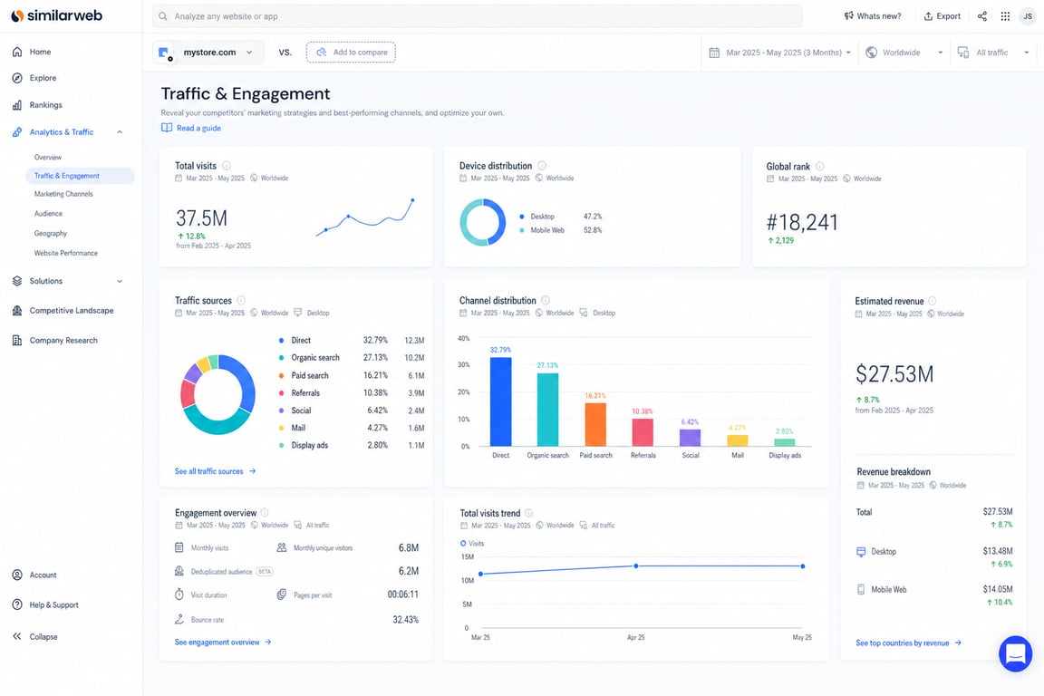 Similarweb dashboard showing traffic analytics for an ecommerce site, including traffic sources breakdown, channel distribution, and estimated revenue metrics