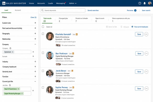 Sales Navigator search results showing how to find contacts at a specific ecommerce company by filtering by company name and job titles like 'Head of Ecommerce' or 'Digital Marketing Manager'