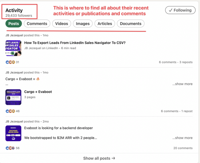 find profile activities on linkedin including social media posts, comments or interactions of your linkedin