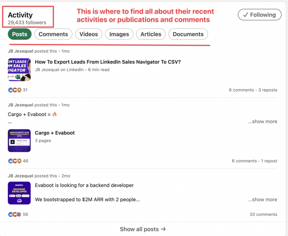find profile activities on linkedin including social media posts, comments or interactions of your linkedin