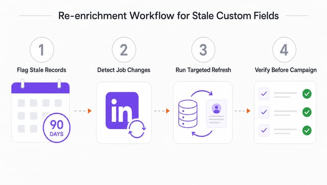Four-step workflow showing how to identify stale contact records, detect job changes, refresh data, and verify before campaign launch