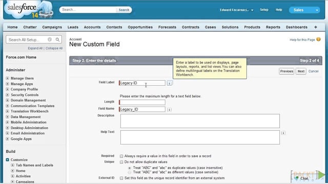Salesforce Fields and Relationships setup screen showing custom enrichment fields created on the Contact object