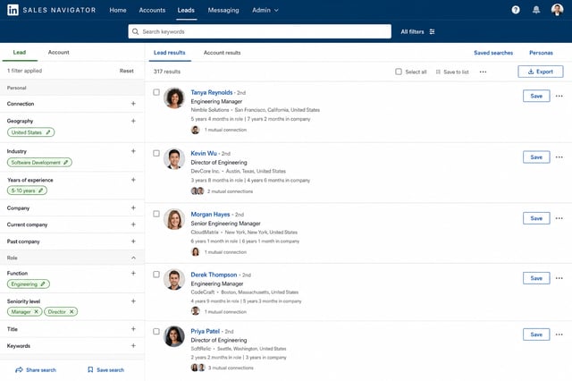 Sales Navigator search results page with filters applied, showing the list of leads ready for export