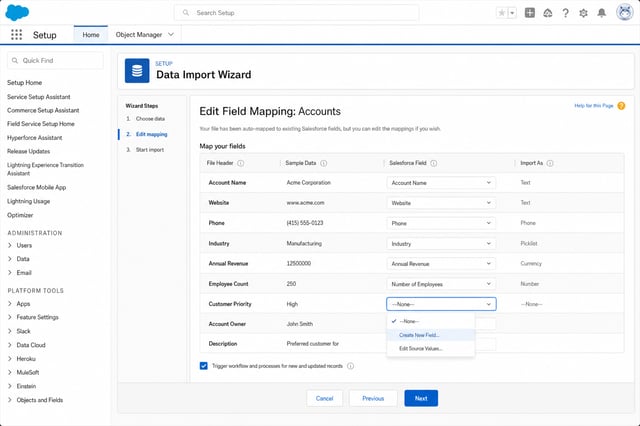 Salesforce Data Import Wizard showing field mapping screen with custom field creation option visible