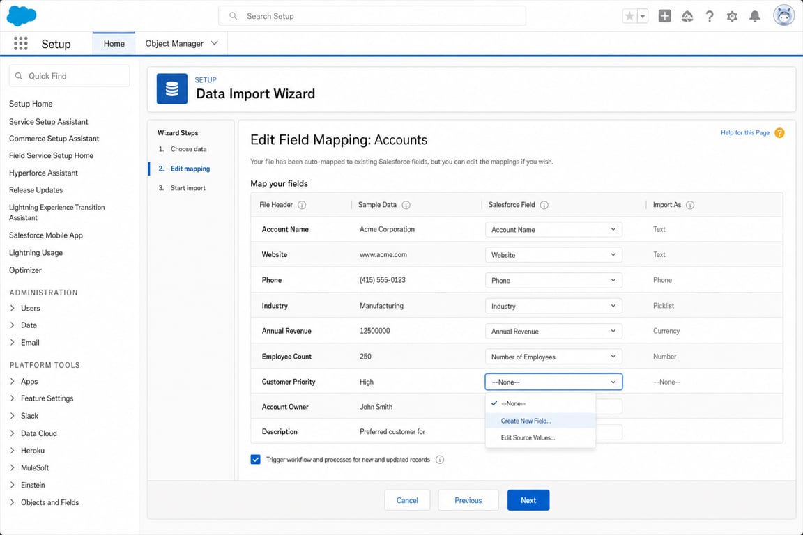 Salesforce Data Import Wizard showing field mapping screen with custom field creation option visible