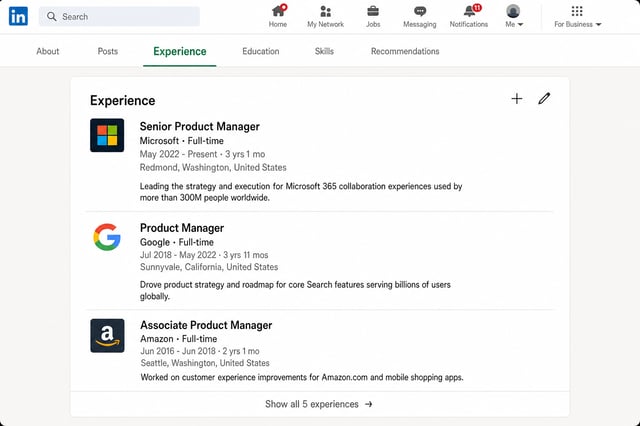 LinkedIn profile Experience section showing the current role at the top with 'Present' as the end date, highlighting the job title and company name