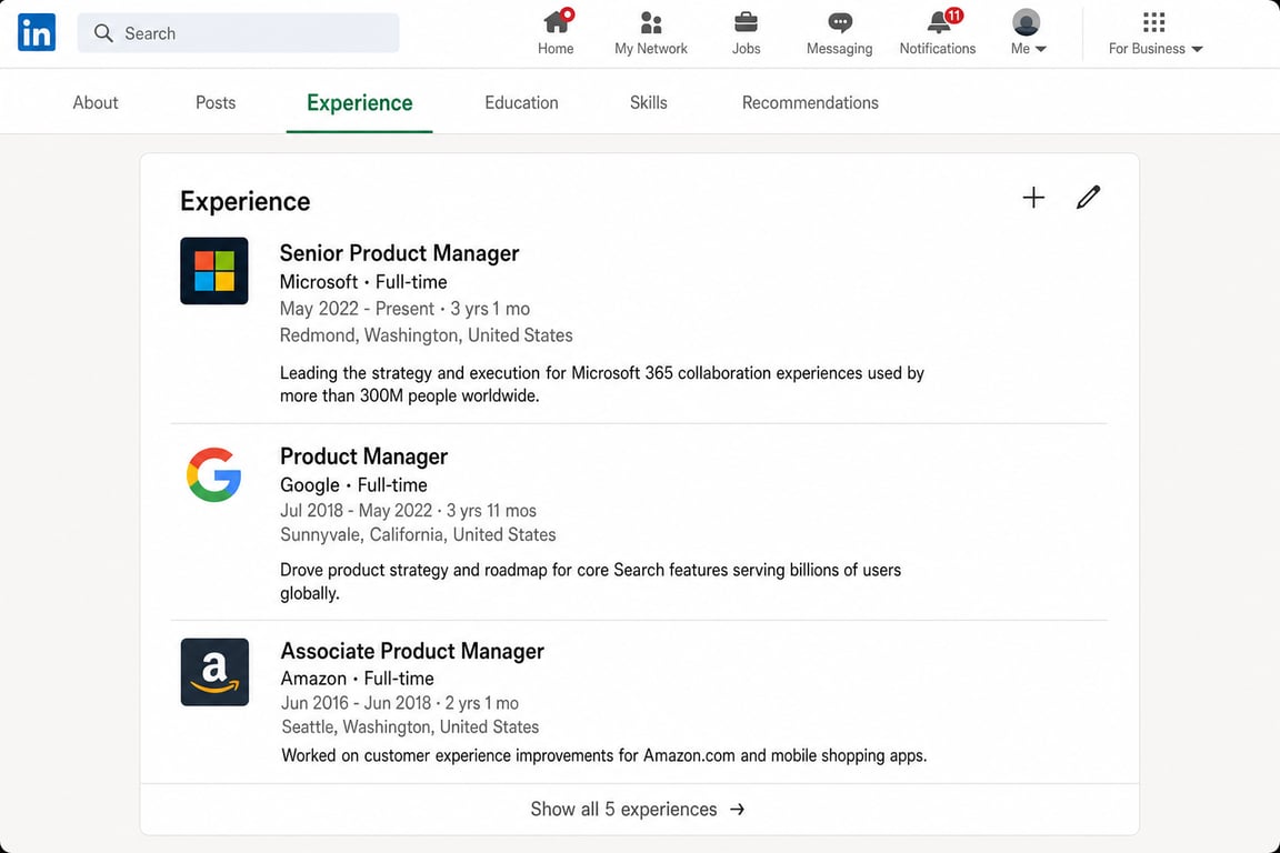 LinkedIn profile Experience section showing the current role at the top with 'Present' as the end date, highlighting the job title and company name