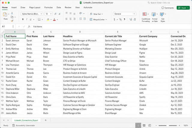 Sample CSV file from LinkedIn's connection export showing columns including job titles, company names, and connection dates