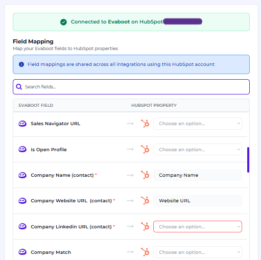 mapping fields between HubSpot and Evaboot