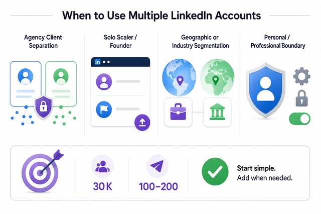 Four cases for running multiple LinkedIn accounts: agency client separation, the solo scaler or founder, geographic or industry segmentation, and a personal and professional boundary