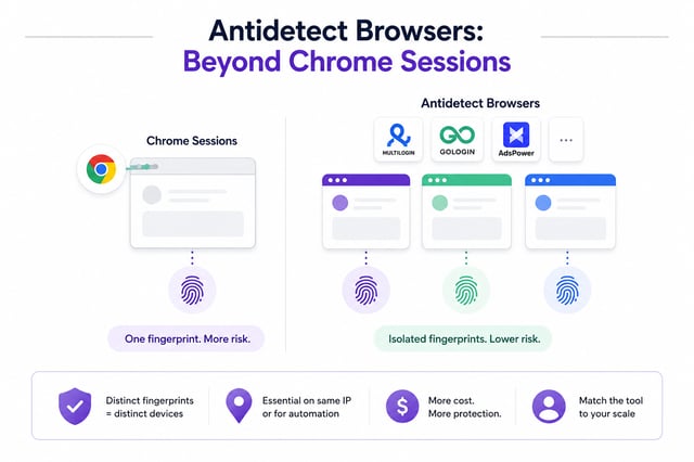 Chrome sessions share one browser fingerprint, while antidetect browsers such as Multilogin, GoLogin and AdsPower give every profile an isolated fingerprint and a lower risk of restriction