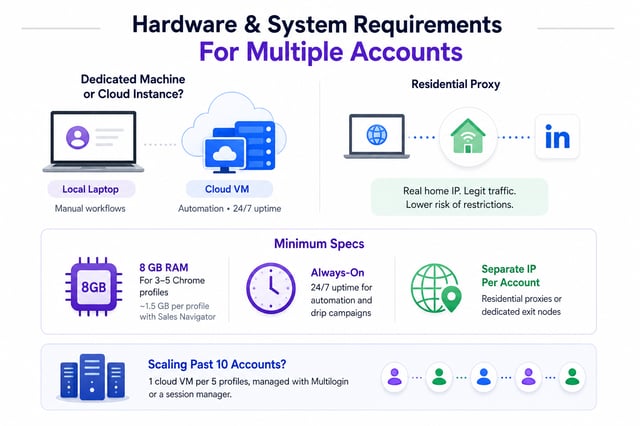 Hardware requirements for multiple LinkedIn accounts: a local laptop or a cloud VM, a residential proxy per account, 8 GB of RAM for three to five Chrome profiles, and one cloud VM per five profiles above ten accounts