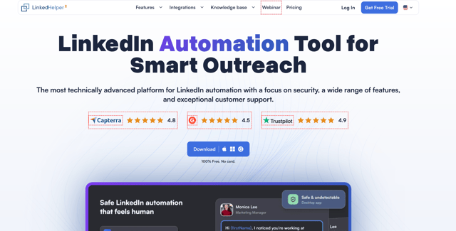 Linked Helper homepage headlined LinkedIn Automation Tool for Smart Outreach, with Capterra 4.8, G2 4.5 and Trustpilot 4.9 ratings