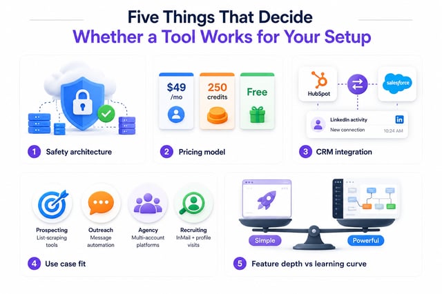 Five factors that decide whether a LinkedIn automation tool fits your setup: safety architecture, pricing model, CRM integration, use case fit, and feature depth versus learning curve