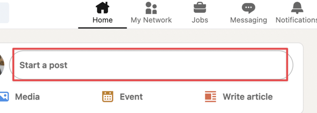 use linkedin share box at the top of your homepage to create and share posts