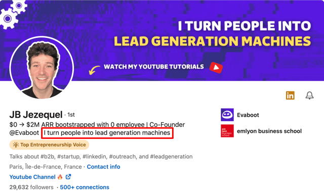 LinkedIn headline example value proposition