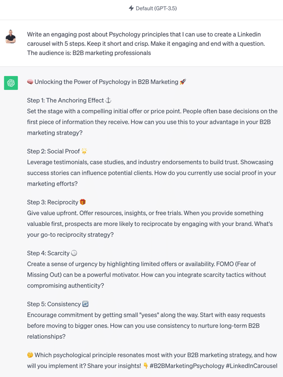 ChatGPT sample prompt to generate LinkedIn post