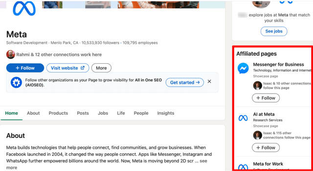 LinkedIn showcase pages example