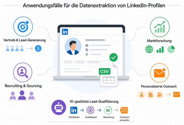 Anwendungsfälle für die Extraktion von LinkedIn-Profildaten: Vertrieb und Leadgenerierung, Recruiting und Sourcing, Marktforschung, Personalisierung der Ansprache sowie KI-gestützte Lead-Qualifizierung, die extrahiert, qualifiziert, bewertet und Outreach-Nachrichten entwirft