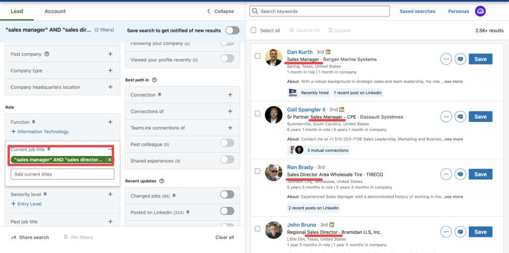 AND boolean operator linkedin sales navigator search