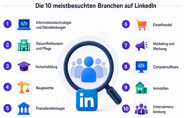 Die 10 am stärksten vertretenen Branchen auf LinkedIn, angeführt von Information Technology & Services, Hospital & Health Care und Higher Education