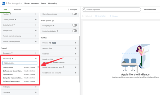 linkedin sales navigator industries list
