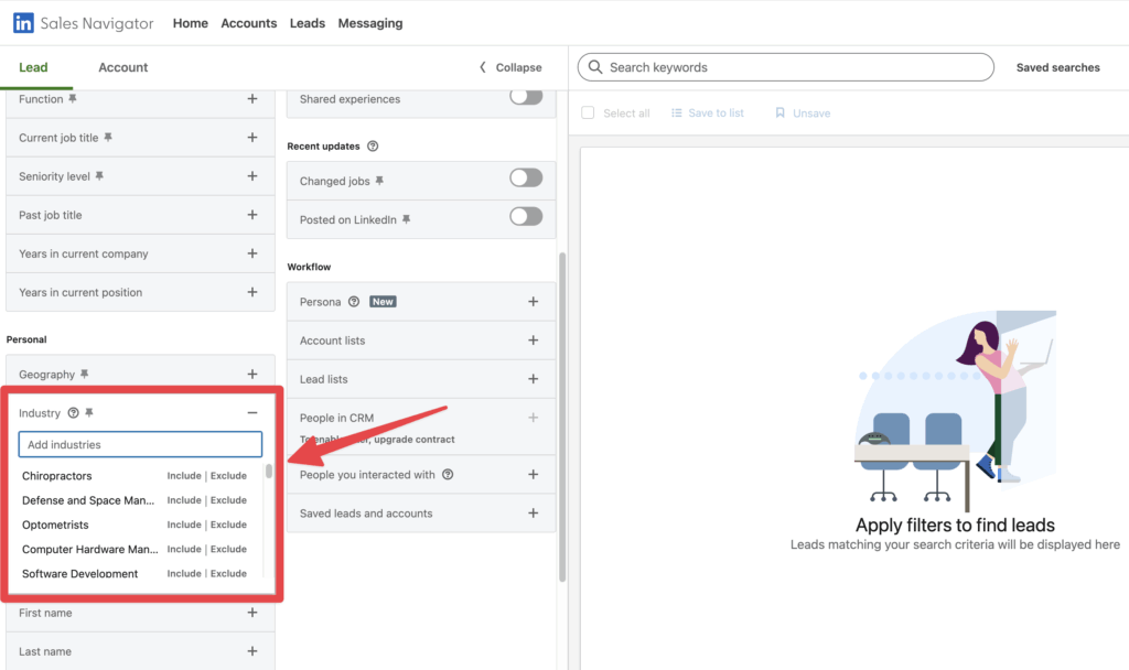 linkedin sales navigator industries list
