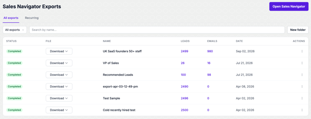 The Evaboot exports dashboard listing completed Sales Navigator exports with their lead counts, email counts and dates