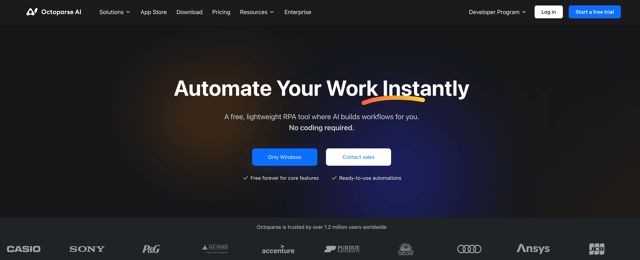 Octoparse AI homepage: a free RPA tool where AI builds workflows, no coding required