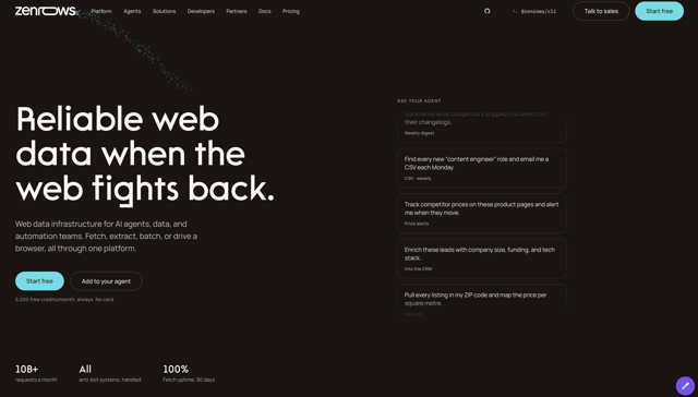 ZenRows homepage: web data infrastructure with 5,000 free credits a month