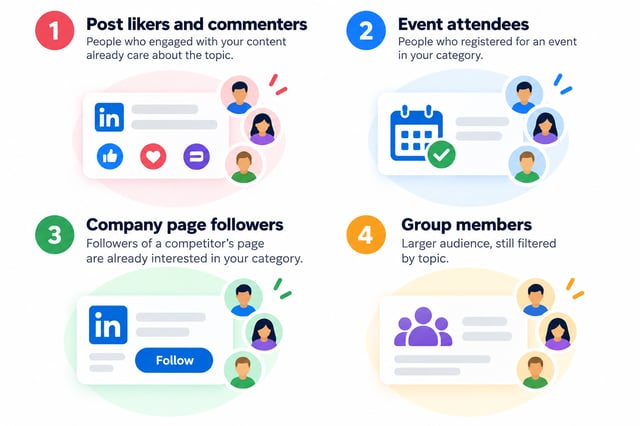 Four LinkedIn lists to scrape: post likers and commenters, event attendees, company page followers and group members