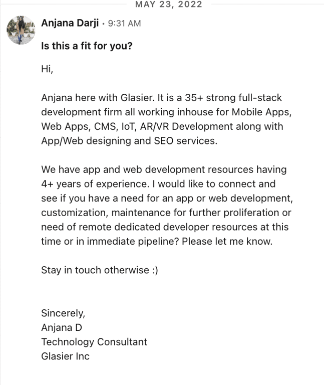hyper-personalized linkedin cold message bad example