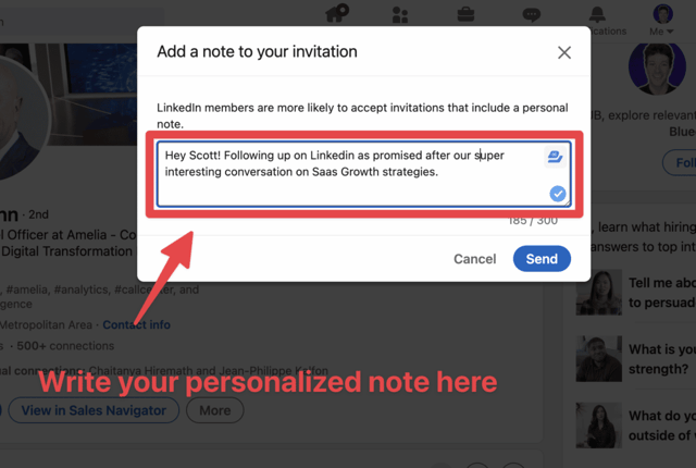 notes de suivi personnalisées sur linkedin