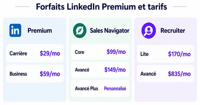 comparaison des types de comptes linkedin entre les plans gratuit premium et recruiter