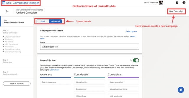 create a new linkedin ads campaign