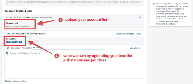 narrow down account list with lead list linkedin ads