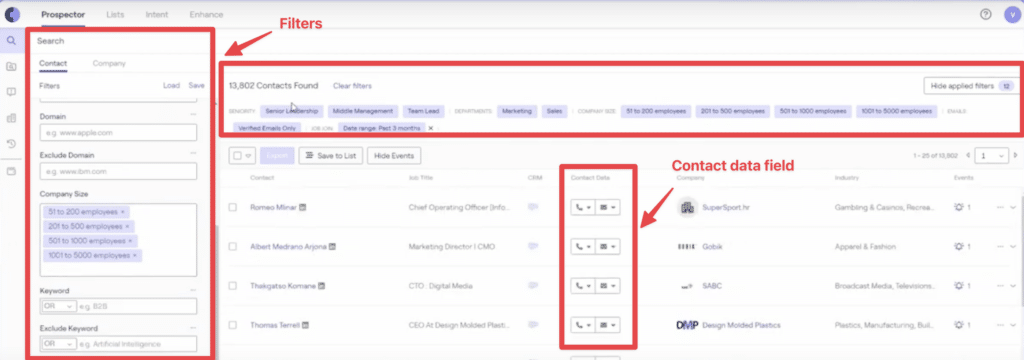 cognism contact and email filters