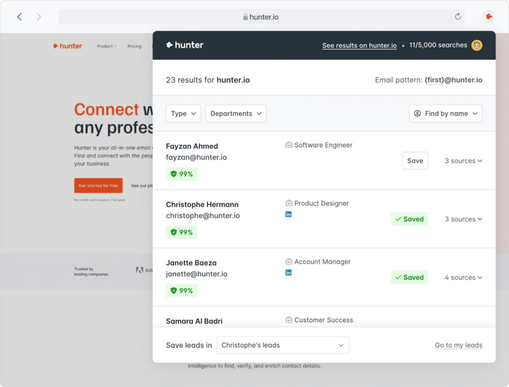 use hunterio chrome extension to find emails