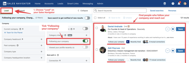 usar el filtro de seguidores de tu empresa en sales navigator para encontrar personas que te siguen en linkedin